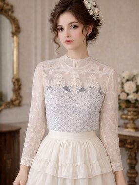 Panitti Victorian Fairycore Lace Cream Mock Neck Blouse Size XL